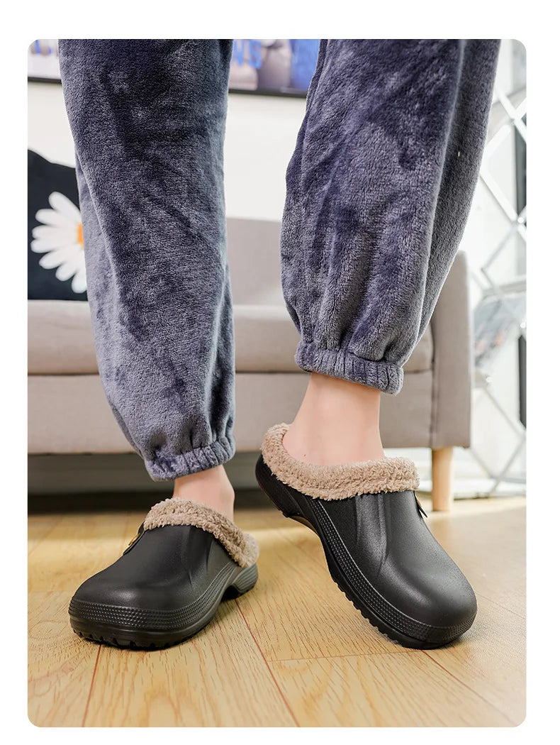 Waterproof Mule Clogs Men Slippers Winter Warm Unisex Fur Slippers House Room Slippers Trend Indoor Floor Shoes Slides For Women
