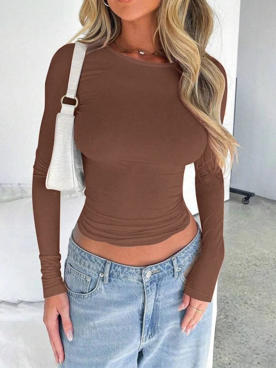 Womens Long Sleeve Shirts Basic Spring Crop Tops Fall Fashion Layering Slim Fitted Y2k Tops
