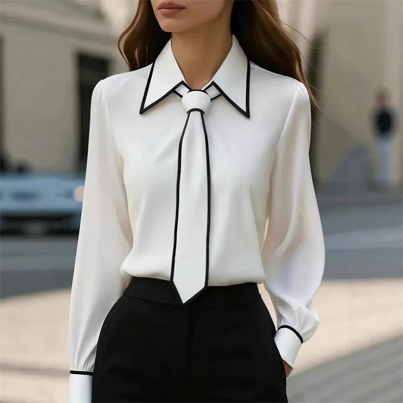 Women Elegant Fashion Lace up Patchwork Blouse Spring Autumn Casual Long Sleeve Lapel Shirt Office Lady French Shirt Tops 2025