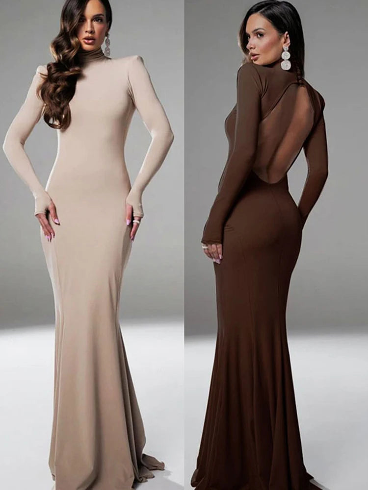 فساتين نسائية خريف وشتاء جديدة مثيرة سادة بدون ظهر أنيقة فستان كاجوال أنيق بأكمام طويلة ورقبة مدورة رفيعة