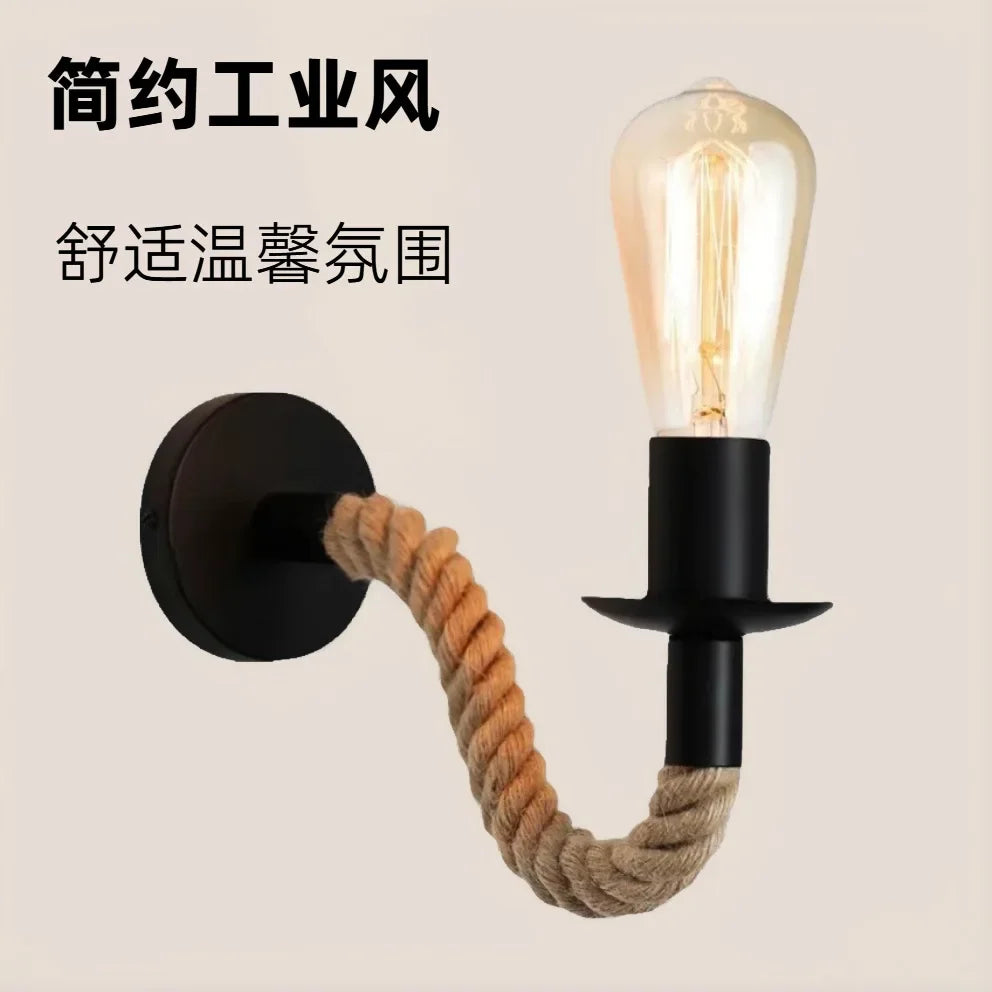 Bedside bedroom decorative wall lamp retro staircase hallway iron hemp rope lamp American industrial style Sconce lamp