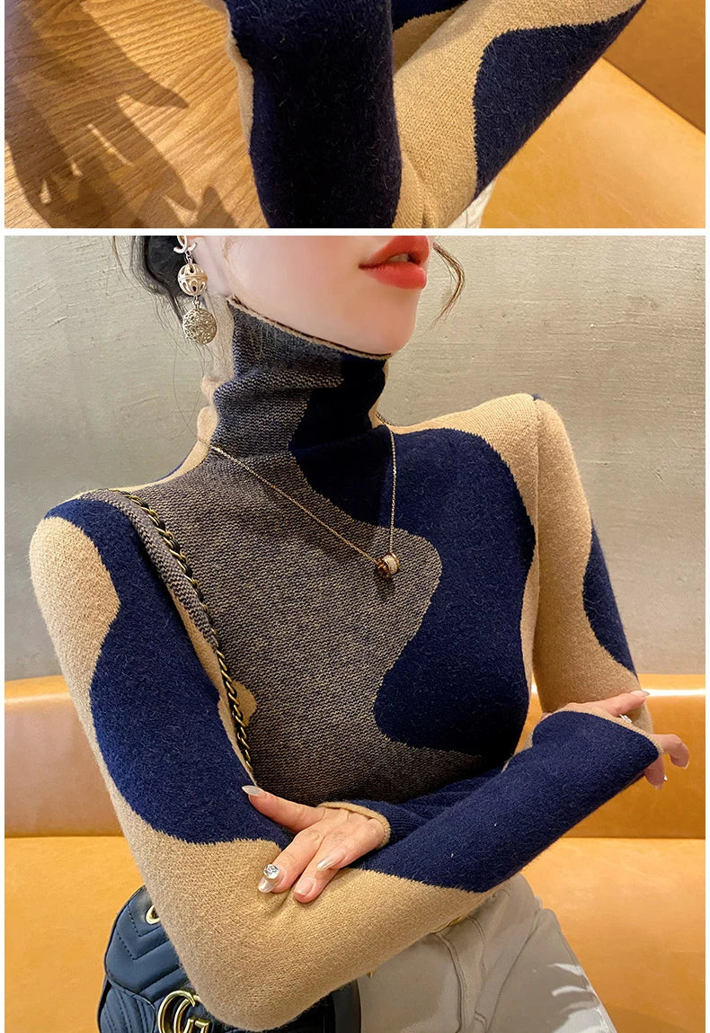 Women Clothing Vintage Fashion Slim Turtleneck Sweaters Autumn Winter Elegant Chic Patchwork Knit Pullovers Office Lady Tops