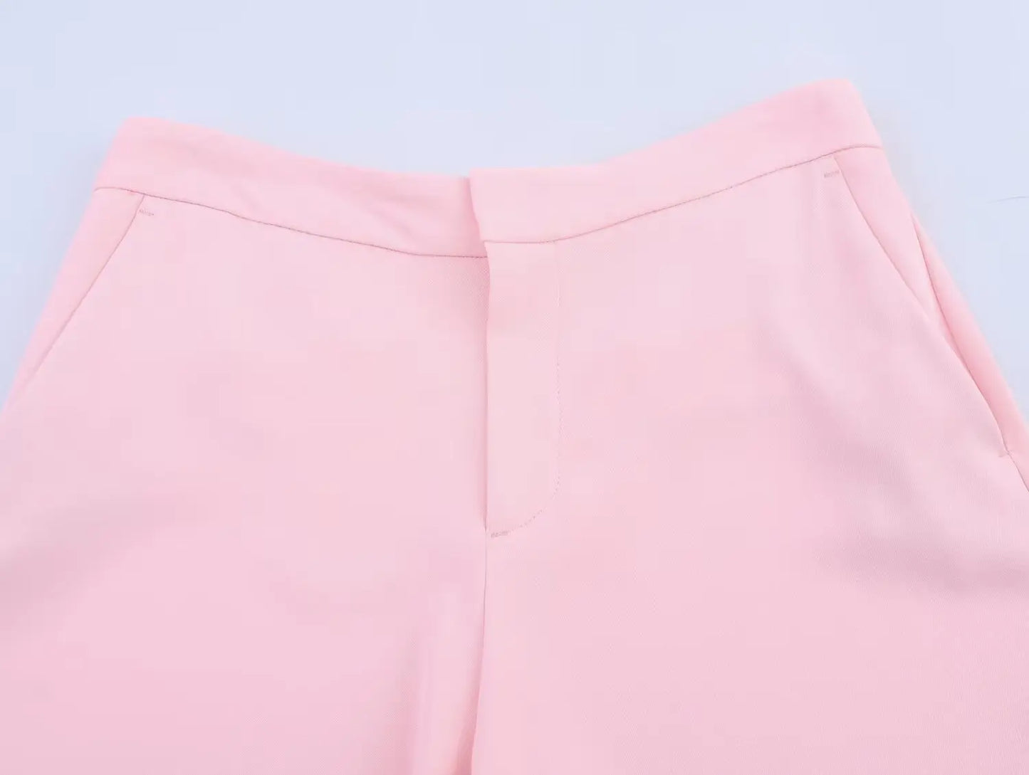 طقم نسائي وردي من HH Fashion، يتكون من سترة ريشية بياقة مطوية وأكمام طويلة وصدر واحد + بنطال طويل بسحاب وجيوب وخصر مرتفع