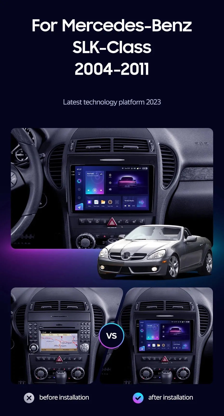 أندرويد 15 لسيارة بنز SLK-Class R171 2004 - 2011 2K QLED راديو السيارة أندرويد مشغل فيديو الوسائط المتعددة نظام تحديد المواقع ستيريو CarPlay وحدة رأس 4G