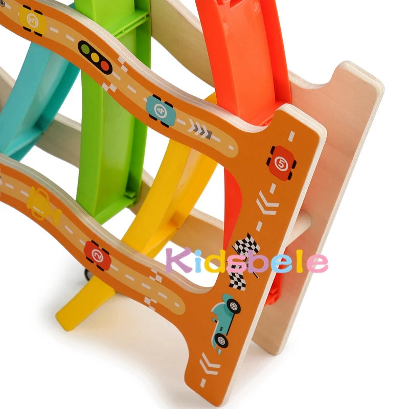 Kids Four-layer Wooden Gliders  Montessori Inertia Track Car Toys Animal And Traffic Theme Early Educational Toys Birthday Gifts