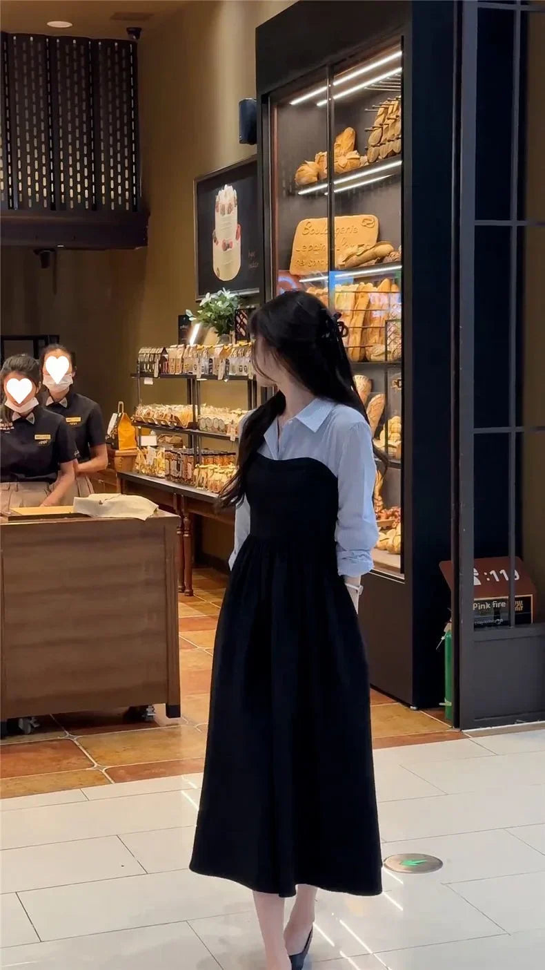 Women's Fashion Two-piece Illusionshirt Black Long Sleeve Dress High-end Feel Matching Set