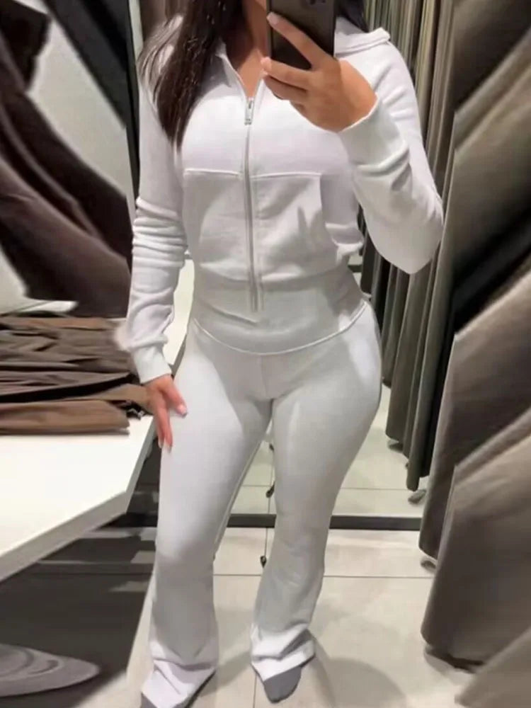 HH Women Autumn Fashion Sets Solid Turn-Down Collar Long Sleeves Pockets Zipper Slim Short Coat+Casual Elastic Waist Long Pants SwiftNest