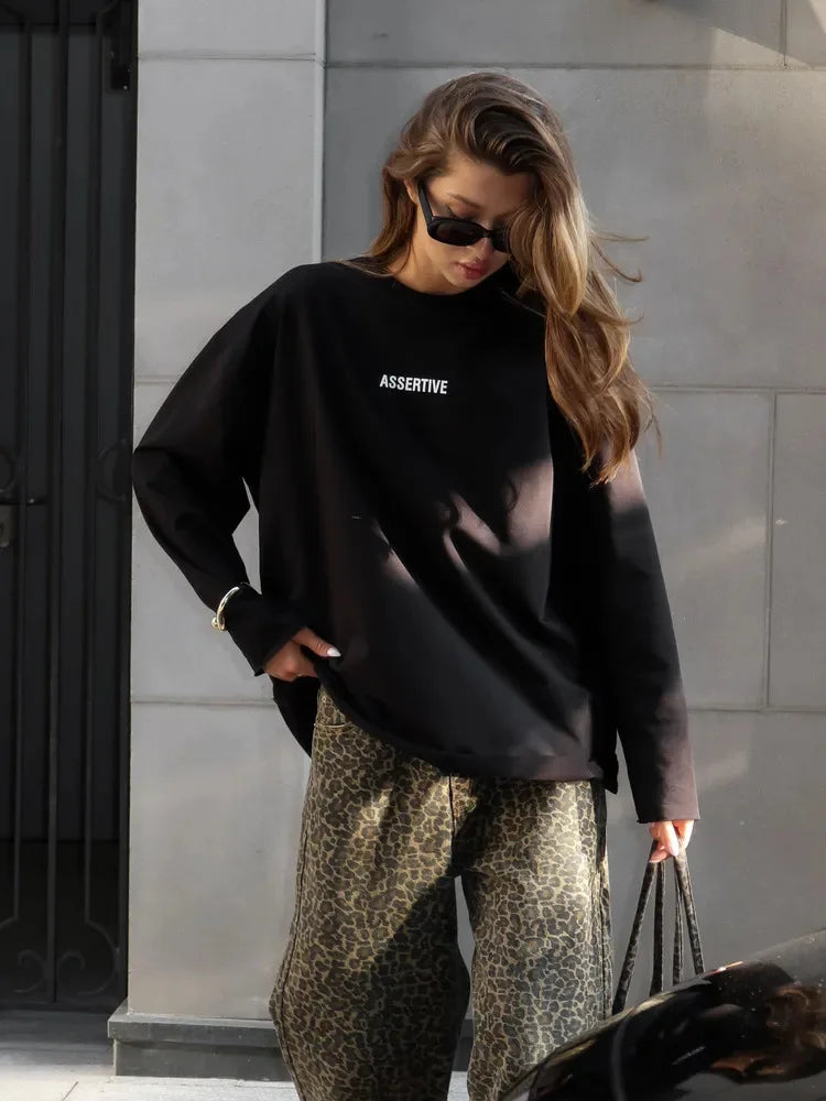 Women's Clothing Spring Loose Solid Color Round Neck Long Sleeve Tops Casual Fashion Simple Style All-match Trendy Comfortable