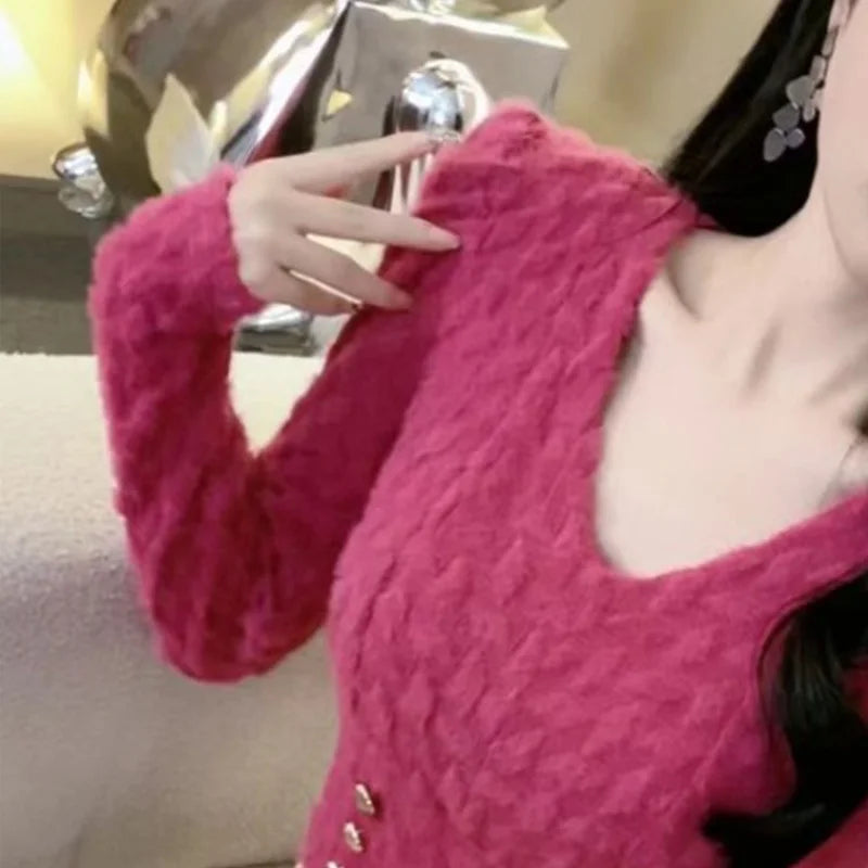 Women Clothes Spring Autumn Fashion Simplicity Elegant All-match Temperament Solid Color V-neck Puff Sleeve Button Long Sleeve T