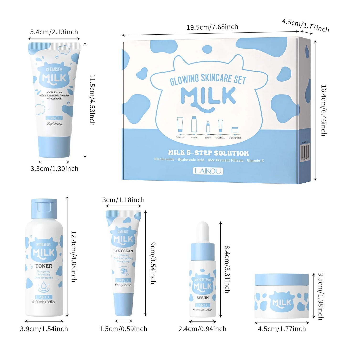 Milk Brightening 5-Piece Skincare Set - Hydrating & Brightening Includes Cleanser Toner Serum Eye Cream Moisturizer