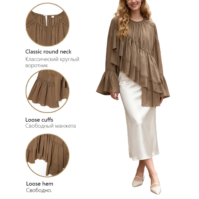 Womens Fashion Blouse Top With Ruffled Round Neck Long Sleeves And Asymmetrical Chiffon Shirt Autumn And Winter Casual Wear