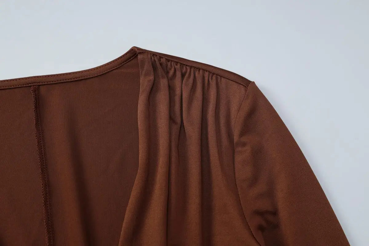 Women's Clothing 2025 Autumn Solid Color Long-sleeved Deep V-neck Fashion Pleated Slim-fit Jumpsuit