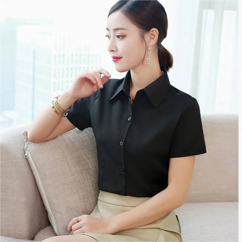 Fashion White Shirts Woman 2025 Autumn Short Sleeve Blouse Solid Ladies Tops OL Female Clothing  Basic Work Shirt Women's Blouse SwiftNest