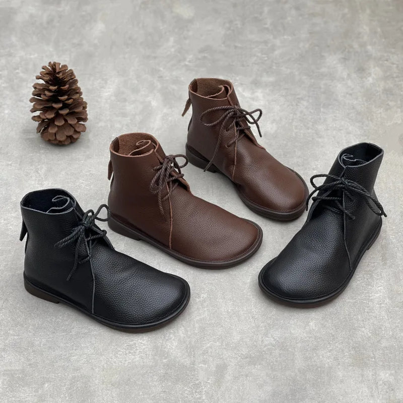 Johnature Retro Genuine Leather Short Boots 2025 New Casual Round Toe Versatile Solid Color Women's Soft Cowhide Soft Sole Shoes