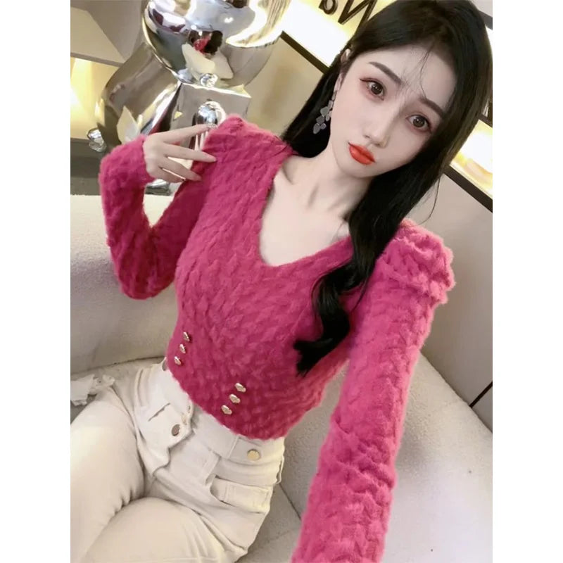 Women Clothes Spring Autumn Fashion Simplicity Elegant All-match Temperament Solid Color V-neck Puff Sleeve Button Long Sleeve T