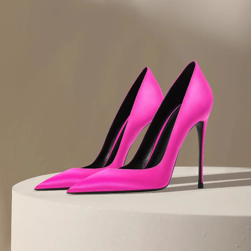 Rose red satin high heels, women's slim heels,2025new style,temperament goddess Fan Mingyuan, shallow mouth pointed single shoes
