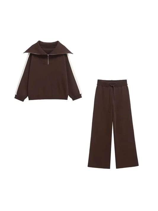 Women's Fashion Two-Piece Set with Side-Stripped Knit Sweater And High-Elastic Waist Straight Pants Female Casual Outfit