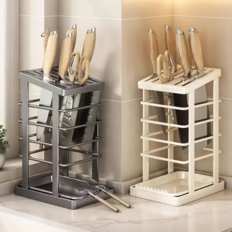Kitchen Countertop Companion: Multi-function Dish Rack, Knife Holder and Tool Storage with Drain Tray
