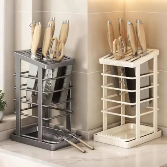 Kitchen Countertop Companion: Multi-function Dish Rack, Knife Holder and Tool Storage with Drain Tray