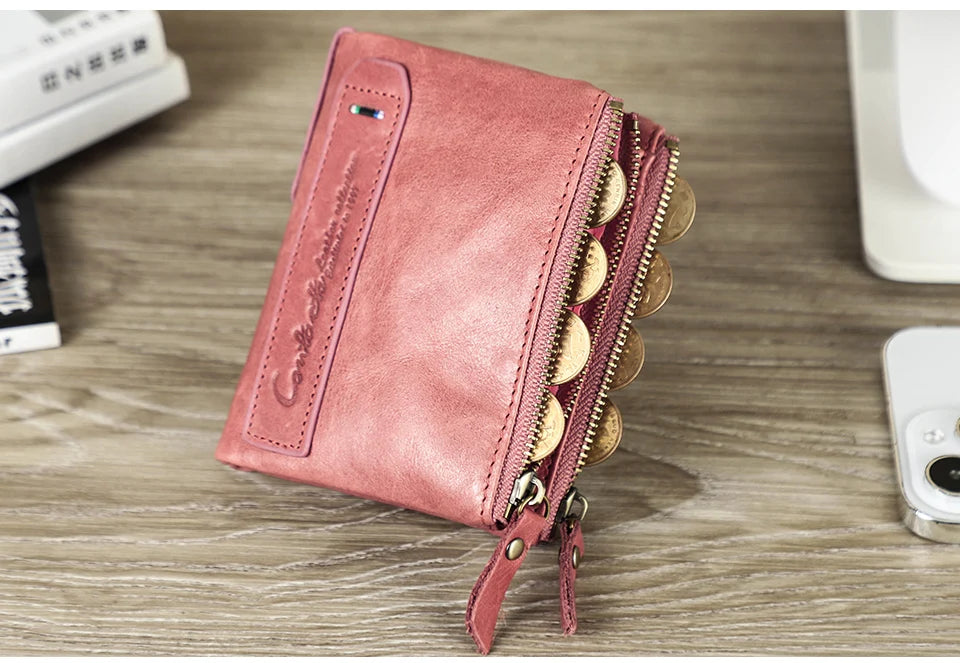 محفظة قصيرة من الجلد الأصلي للنساء من CONTACT'S، حامل بطاقات فاخر بتصميم محفظة عملات معدنية ومشبك نقود ومحفظة صغيرة للنساء والرجال