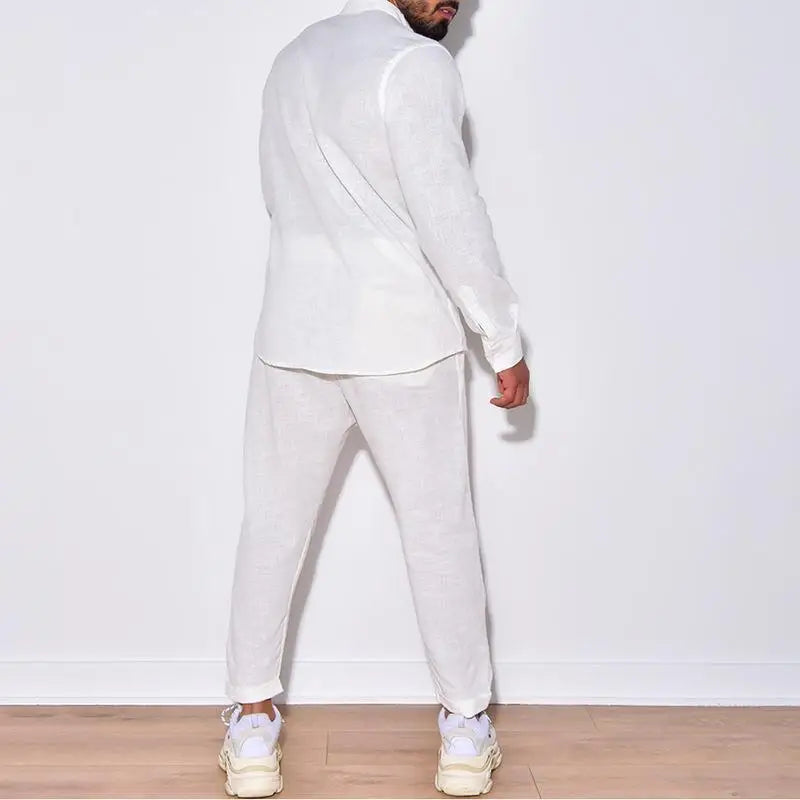 Mens Sets Linen Spring Autumn Leisure Suit Long Sleeve Shirts and Trousers Two Piece Sets Fashion Men Hot Sales Comfortable