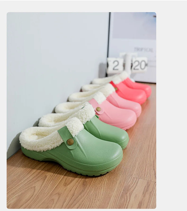 Waterproof Mule Clogs Men Slippers Winter Warm Unisex Fur Slippers House Room Slippers Trend Indoor Floor Shoes Slides For Women