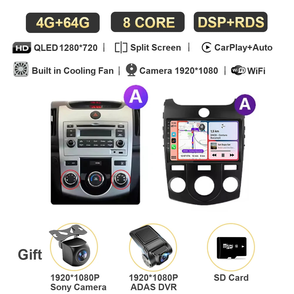 Android For KIA Forte Cerato 2 Porte Koup 2008 2009 2014 Auto Car Intelligent Systems AutoMotiveCarplay Auto Screen Wireless