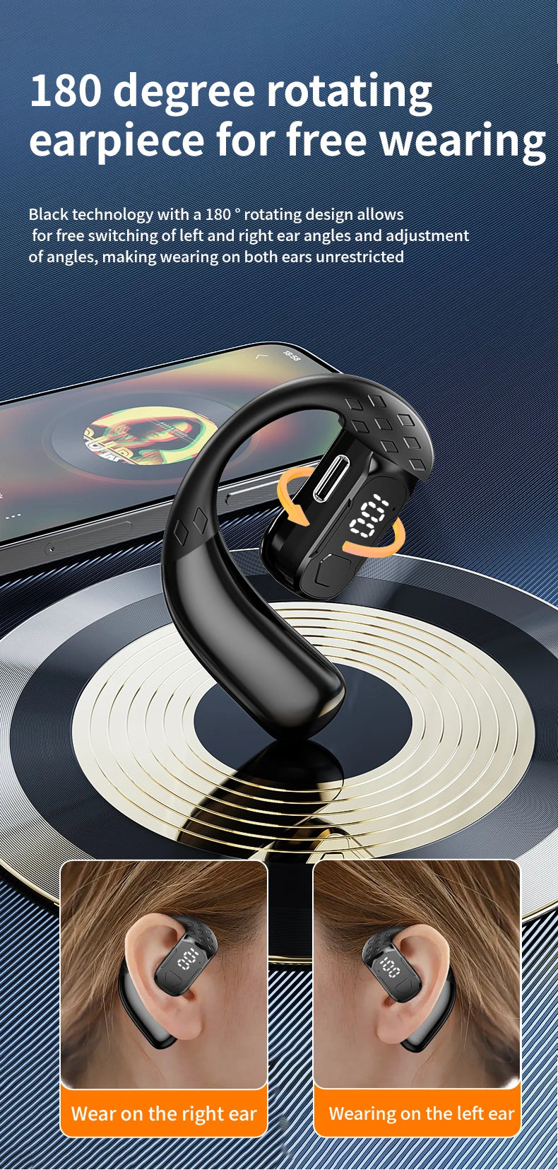 سماعة رأس لاسلكية بتقنية البلوتوث 5.4 مفتوحة بزاوية 180 درجة مع شاشة عرض LED للبطارية على كلا الأذنين وميكروفون وسماعة أذن