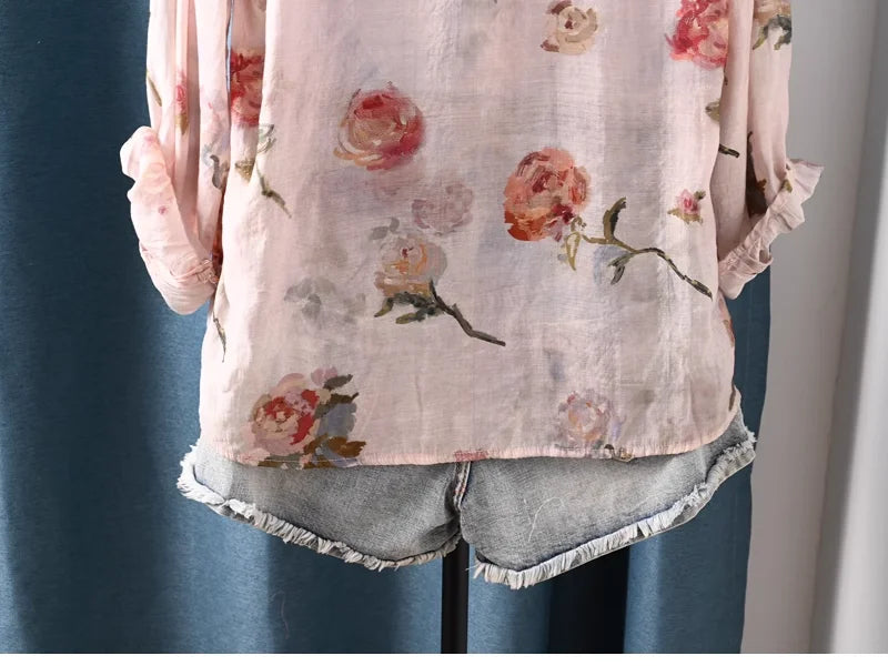 2025 Autumn clothes woman French fashion v neck rose floral print shirts and blouses for women vintage ladies tops