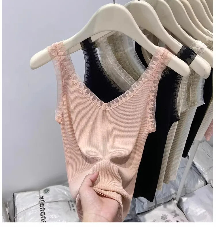 Women Summer Fashion Thin Knitted Undershirt Sleeveless Pullover Corset Top Half High Neck Comfortable Breathable Lace Tank Top SwiftNest
