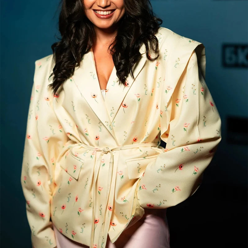 Womens Fashion Blazer Wide Shoulders Waist Tie Long Sleeve Blazer Stylish And Versatile Suitable For Workplace And Casual Wear