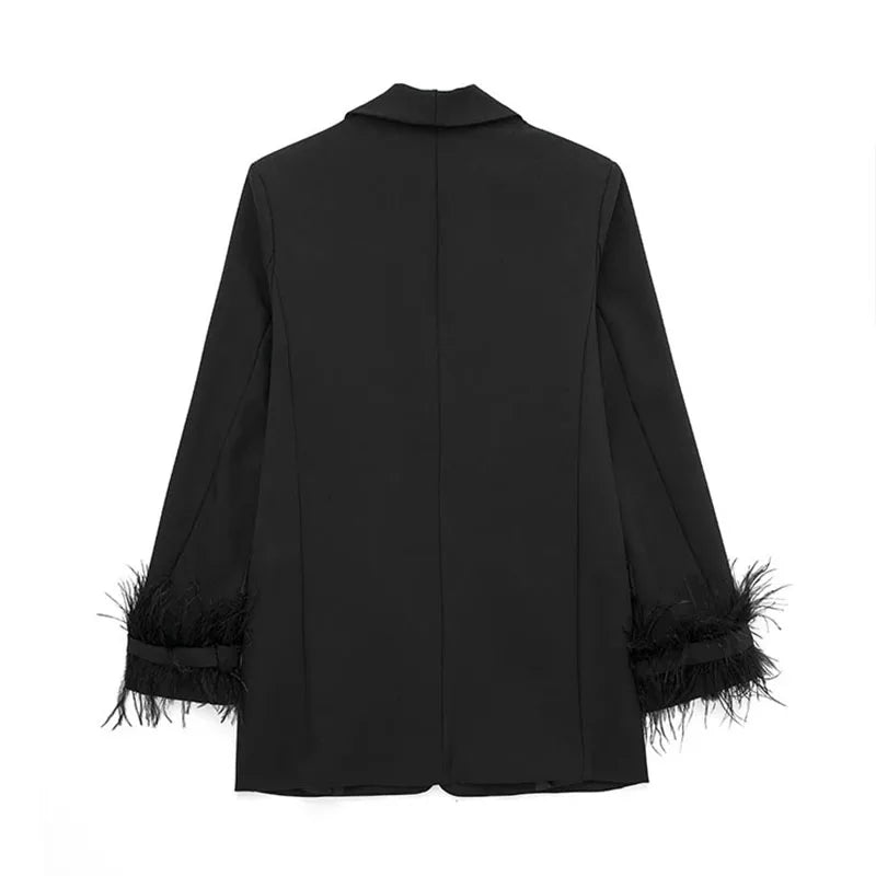 Women Fashion Chic Black With Feather Blazer Jacket Elegant Notched Neck Single Button Long Sleeves Female Outfits