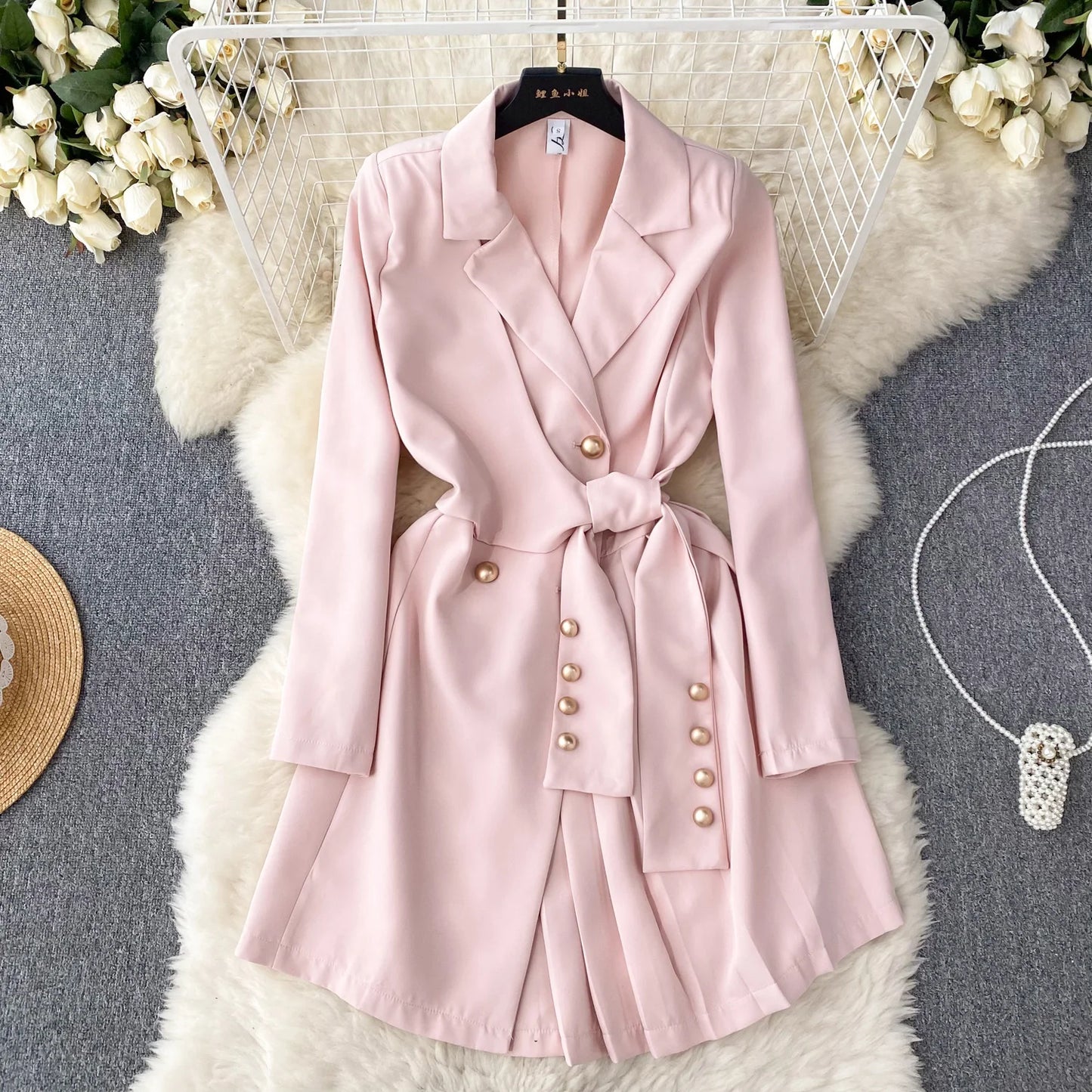 Women's Fashion Trendy Office Coat Dress Ladies Age Reduce Suit Collar Strap Tight Fit Short Pleated Long Sleeve Dress Coat