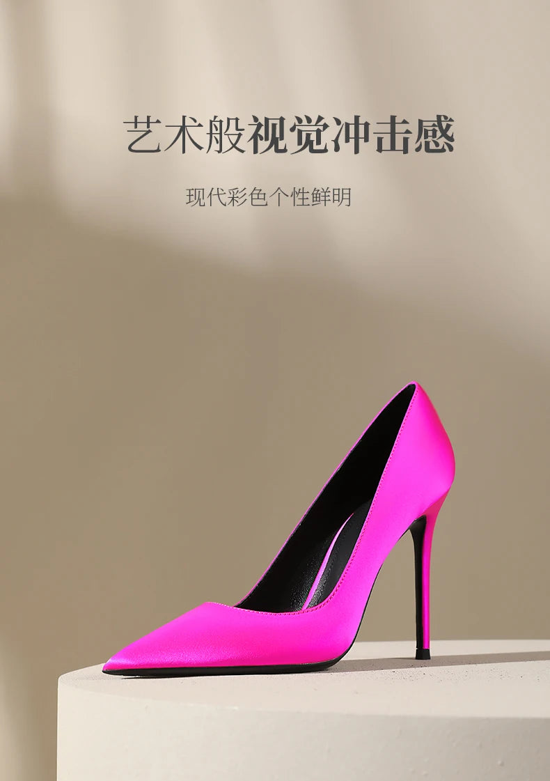 Rose red satin high heels, women's slim heels,2025new style,temperament goddess Fan Mingyuan, shallow mouth pointed single shoes