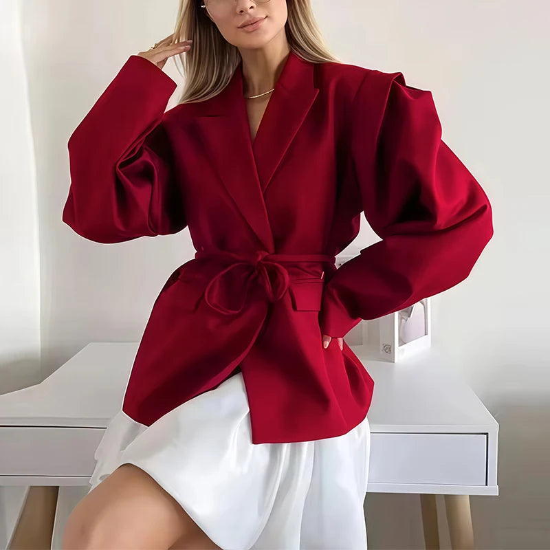 Womens Fashion Blazer Wide Shoulders Waist Tie Long Sleeve Blazer Stylish And Versatile Suitable For Workplace And Casual Wear