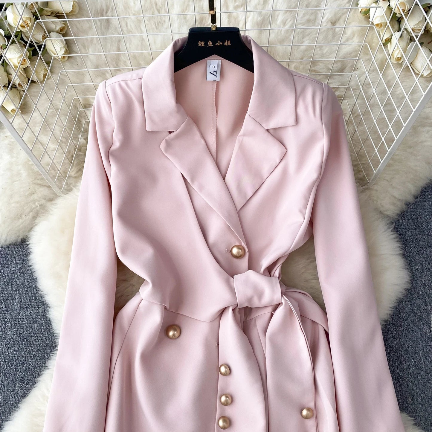 Women's Fashion Trendy Office Coat Dress Ladies Age Reduce Suit Collar Strap Tight Fit Short Pleated Long Sleeve Dress Coat