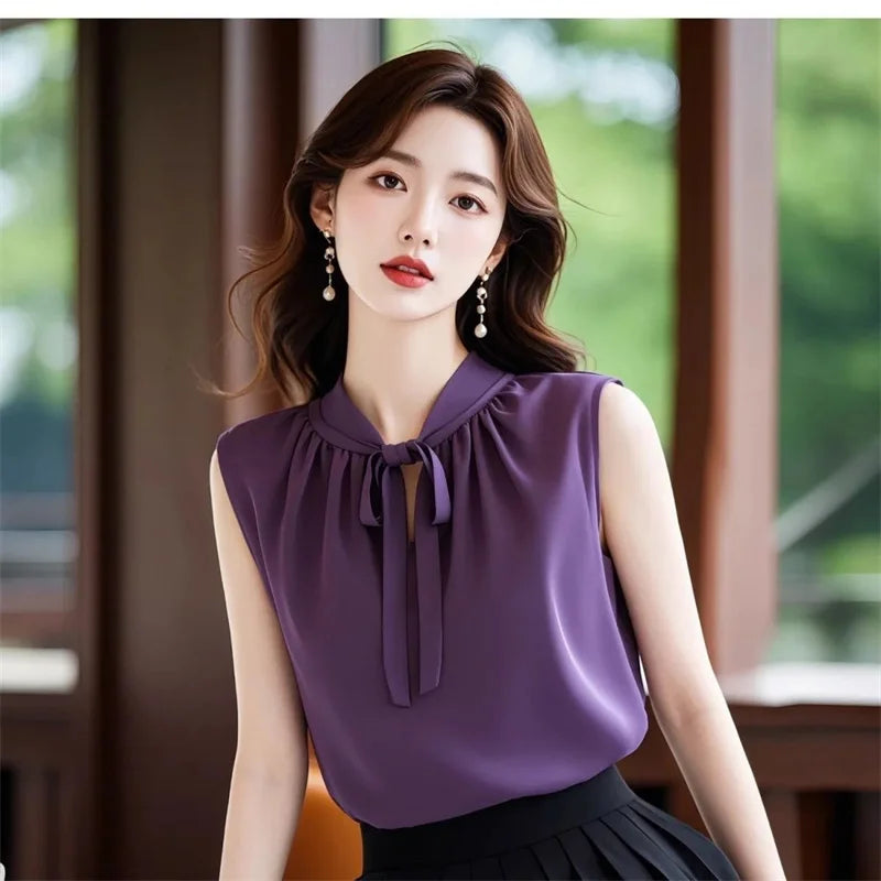French Women Fashion Chiffon Blousees Vest Summer Ladies Bow Blouse Waistcoat High-grade Female Solid Color Sleeveless Shirts