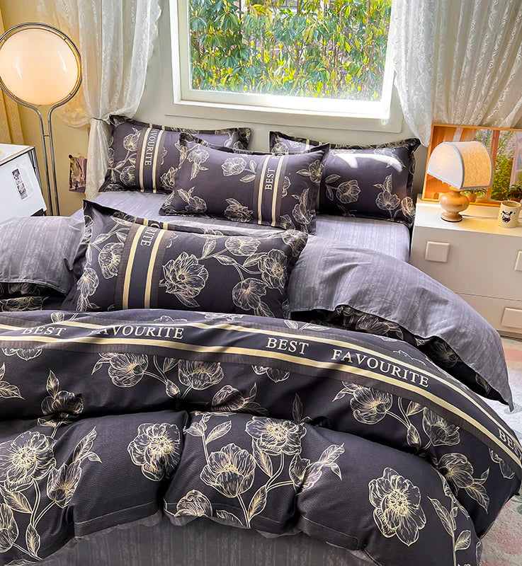 Home Textile Microfiber Bedding Set 4pcs Duvet Cover Set Printed Grey Bed Linens 2025 New Polyester Top Sheet Pillowcase