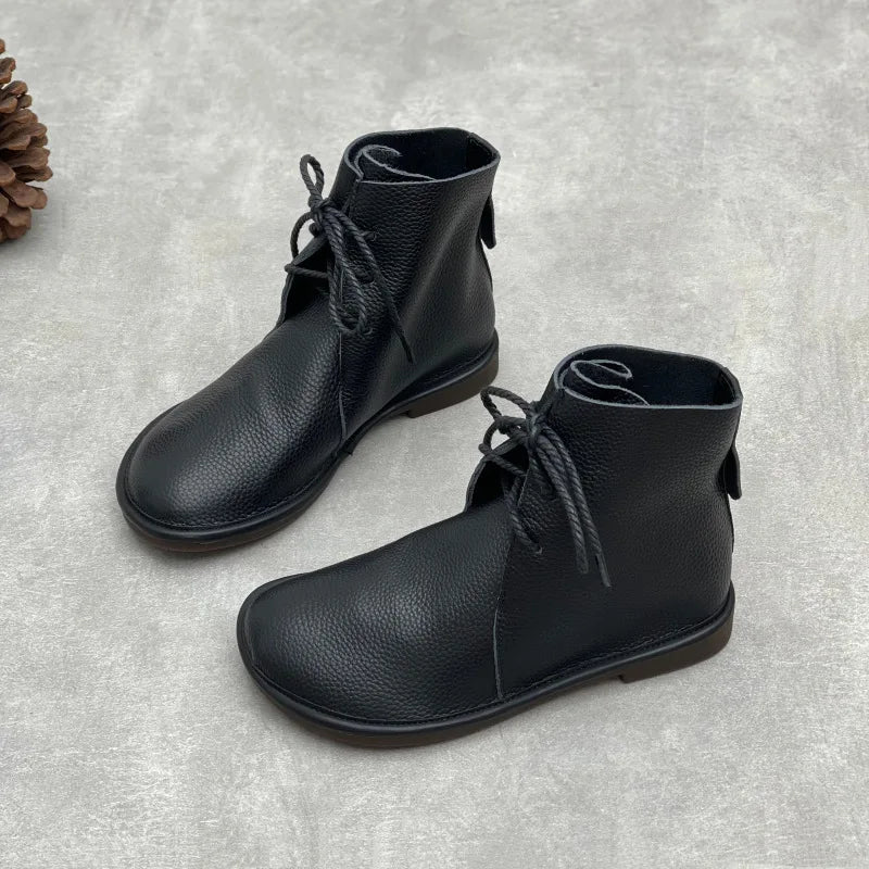 Johnature Retro Genuine Leather Short Boots 2025 New Casual Round Toe Versatile Solid Color Women's Soft Cowhide Soft Sole Shoes