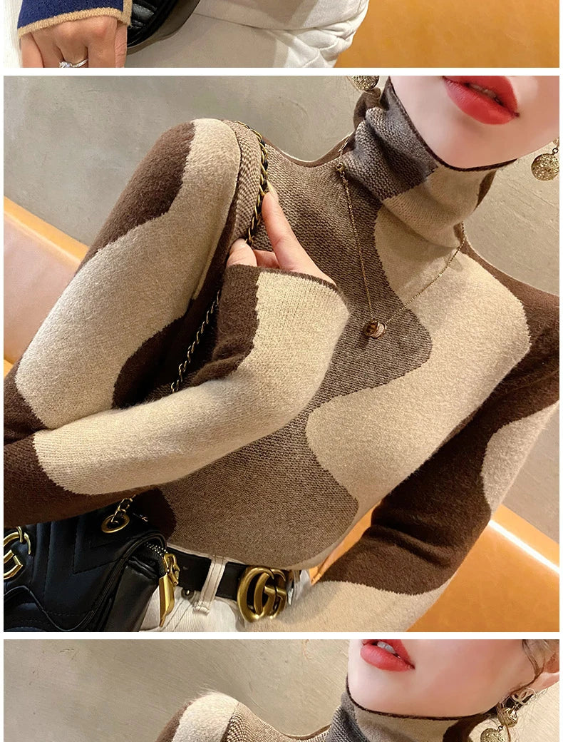 Women Clothing Vintage Fashion Slim Turtleneck Sweaters Autumn Winter Elegant Chic Patchwork Knit Pullovers Office Lady Tops