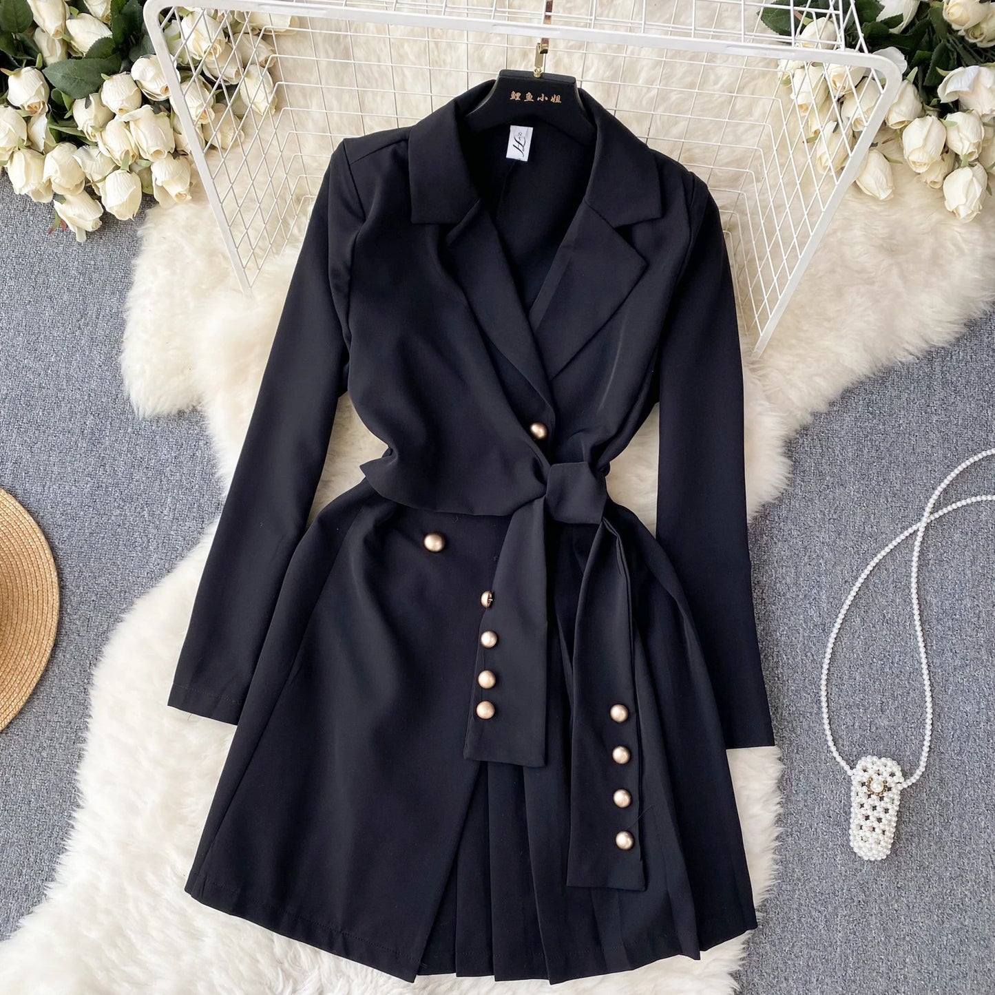 Women's Fashion Trendy Office Coat Dress Ladies Age Reduce Suit Collar Strap Tight Fit Short Pleated Long Sleeve Dress Coat