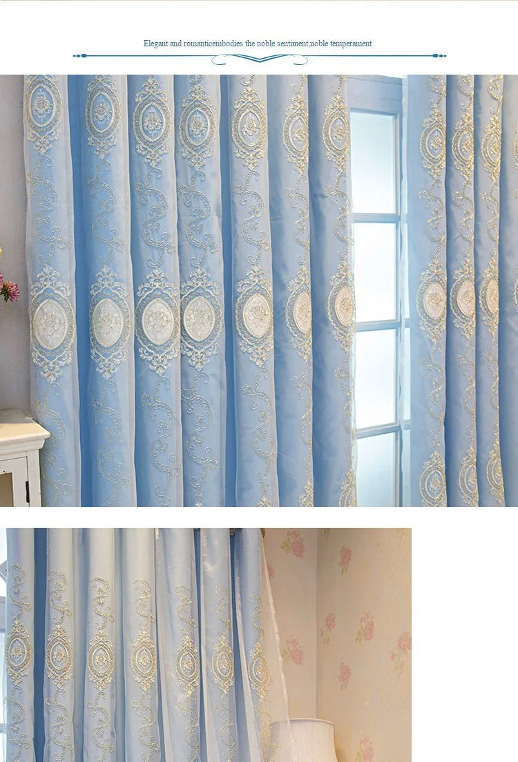ستائر مخصصة لغرفة المعيشة وغرفة الطعام وغرفة النوم، قماش أوروبي فاخر مزدوج الطبقات مع تطريز متكامل وديكور معتم
