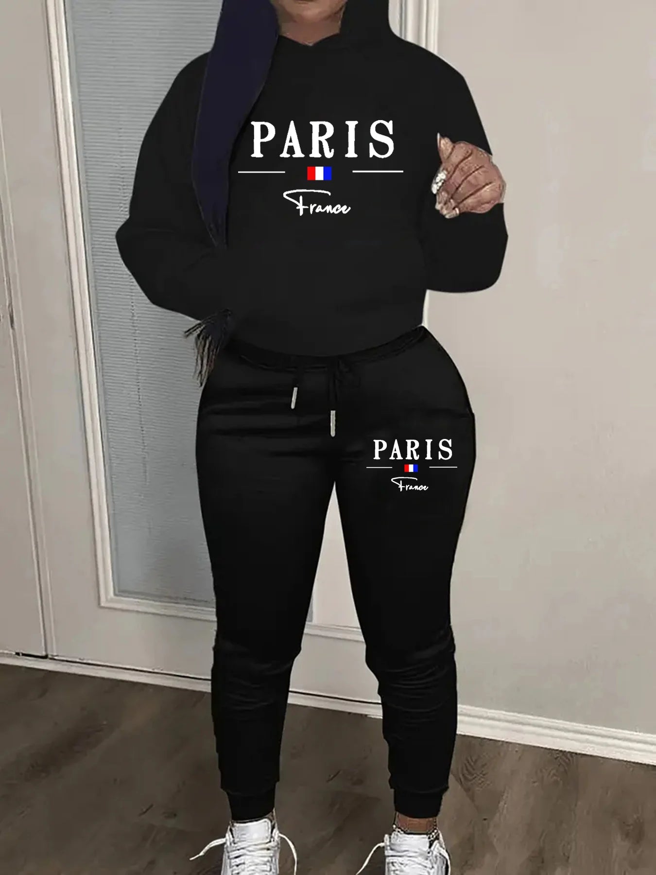 Women's Autumn/Winter Fashion and Leisure Paris Pattern Printed with Velvet Warm Thick Hoodie+Sports Pants Set SwiftNest