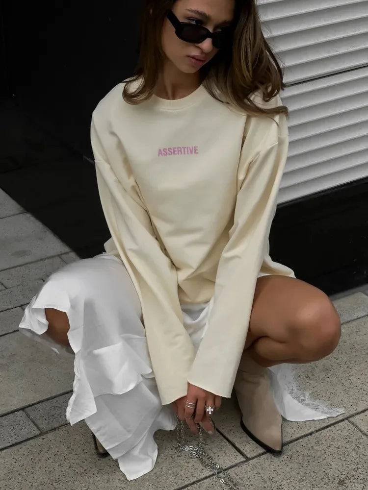 Women's Clothing Spring Loose Solid Color Round Neck Long Sleeve Tops Casual Fashion Simple Style All-match Trendy Comfortable