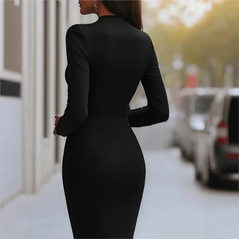 Fashion Women's Dress New Fall Deep V-neck Waist-hugging Solid Color Long-sleeve Pencil Midi Black Dresses For Women Streetwear SwiftNest