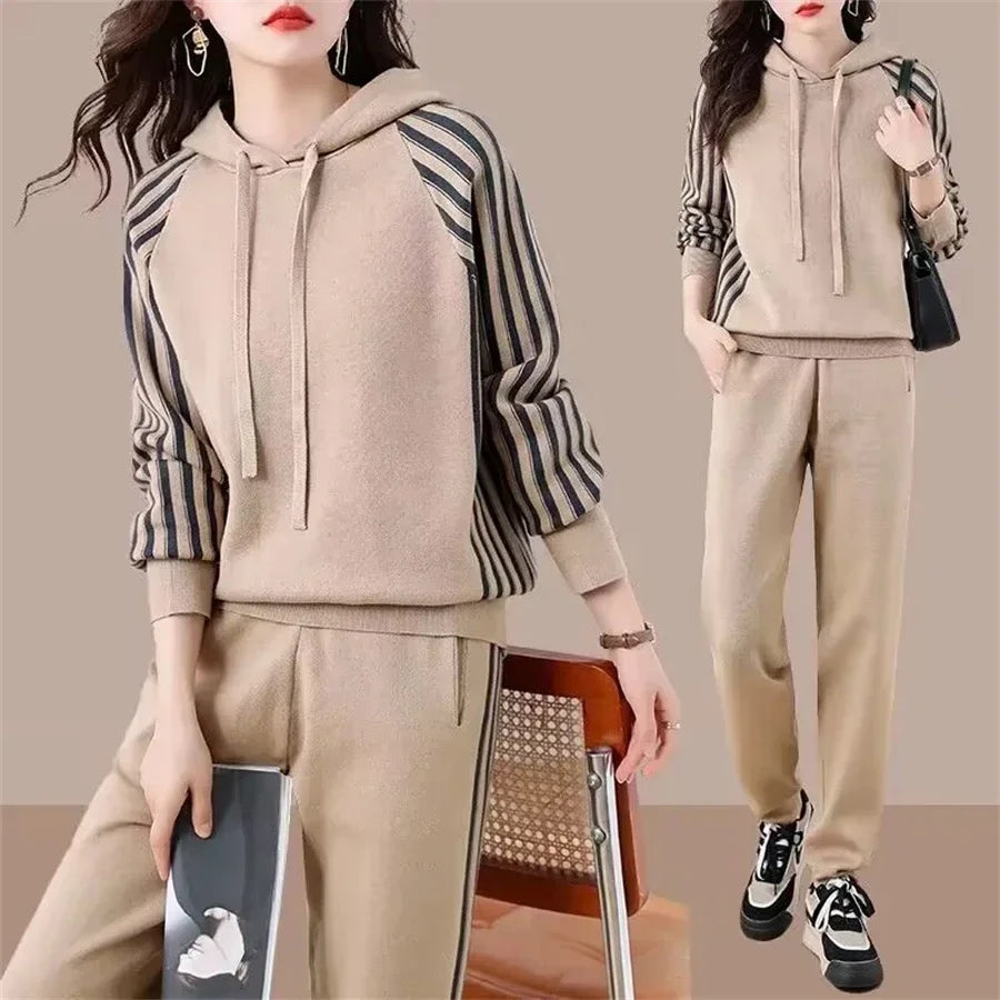 Fashion Autumn Women 2 Pieces Sets Casual Hooded Patchwork Loose Knitted Sweater Sports Harlan Pants Suits Winter Sportswear SwiftNest