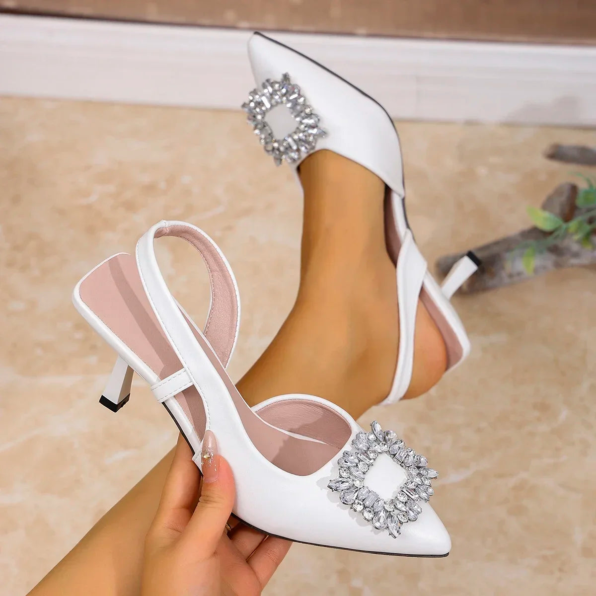 Crystal Square Buckle High Heels Sandals Women Spring Summer Slip On Pointed Toe Pumps Woman Thin Heel Party Wedding Shoes Mujer