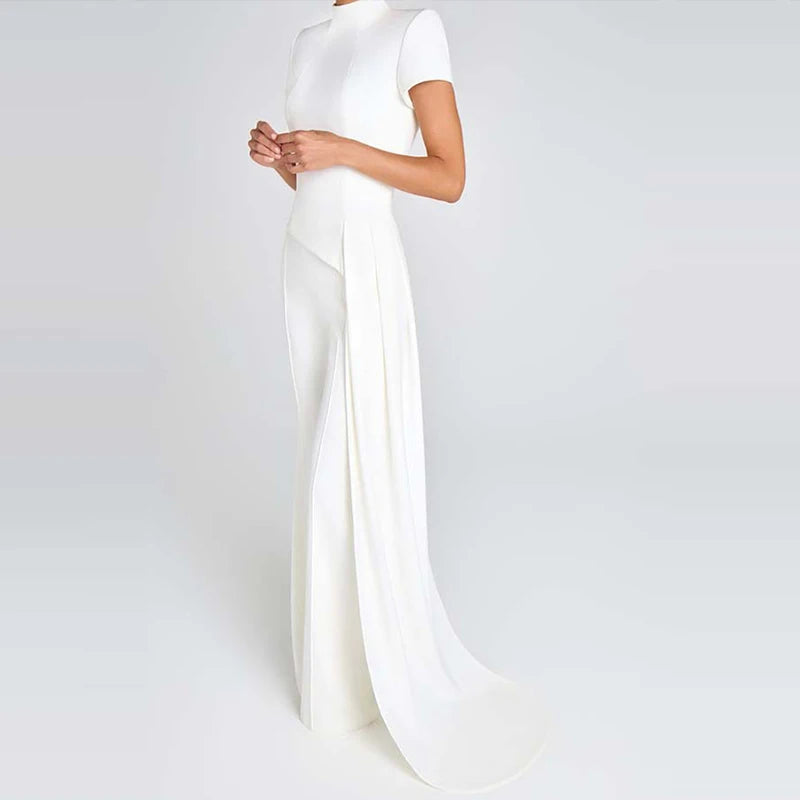 Women Elegant Commuting 2Pc Suit Fashion Stand Collar Solid Color Irregular Set Casual Short Sleeve Pullover & Long Pant Outfits