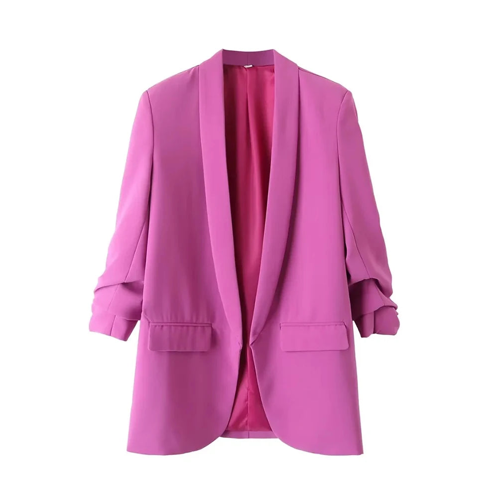 Women Fashion Office Wear Open Blazer Coat Vintage Long Pleated Sleeves Flap Pockets Female Outerwear Chic Tops