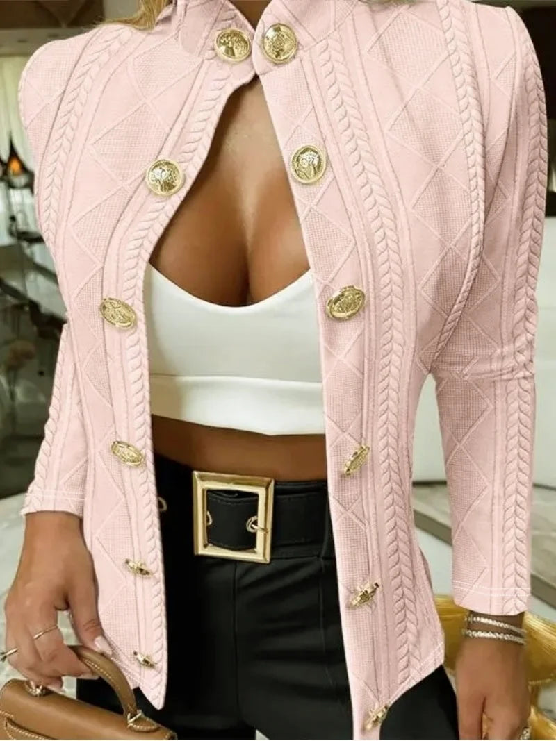 2025 New Arrival Women's Fall Fashion  Textured Blazer with Gold-Tone Buttons Slim Fit Long Sleeve Jacket with Stand Collar